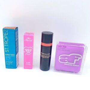 NEW 4 Travel Size Assorted Lip Tint, Self Tanner, & Blush Nudies Bloom Too Faced